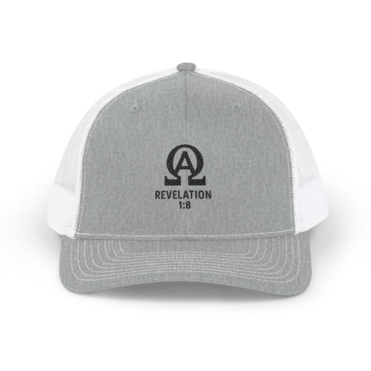 Stylish Snapback Trucker Cap - Revelation 1:8 Embroidery, Casual Hat, Gift for Him/Her, Outdoor Events, Faith-Inspired Accessory