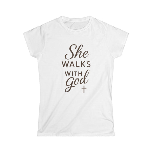 Faith-Inspired Women's Softstyle Tee - "She Walks with God", Inspirational Gift, Christian Apparel, Casual T-Shirt, Everyday Wear